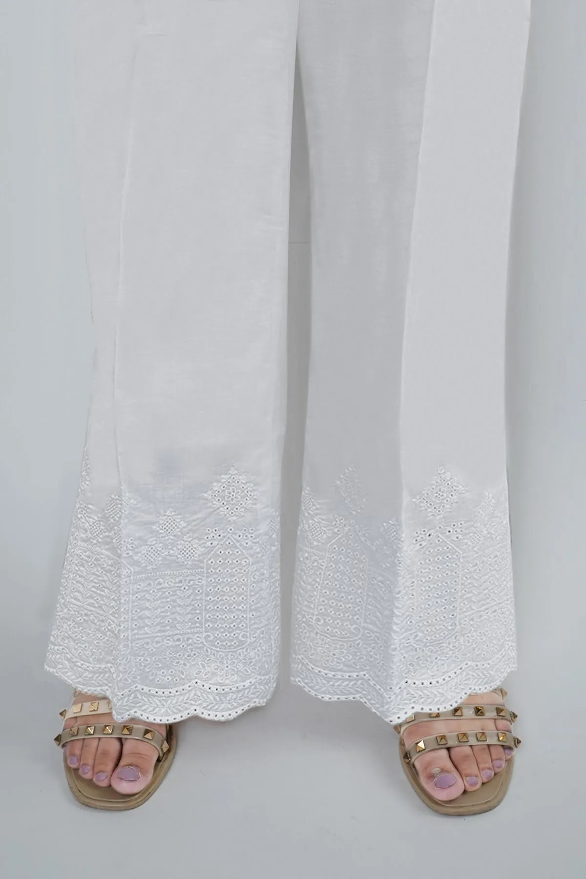 3679-WHITE EMBROIDERED TROUSER STITCHED