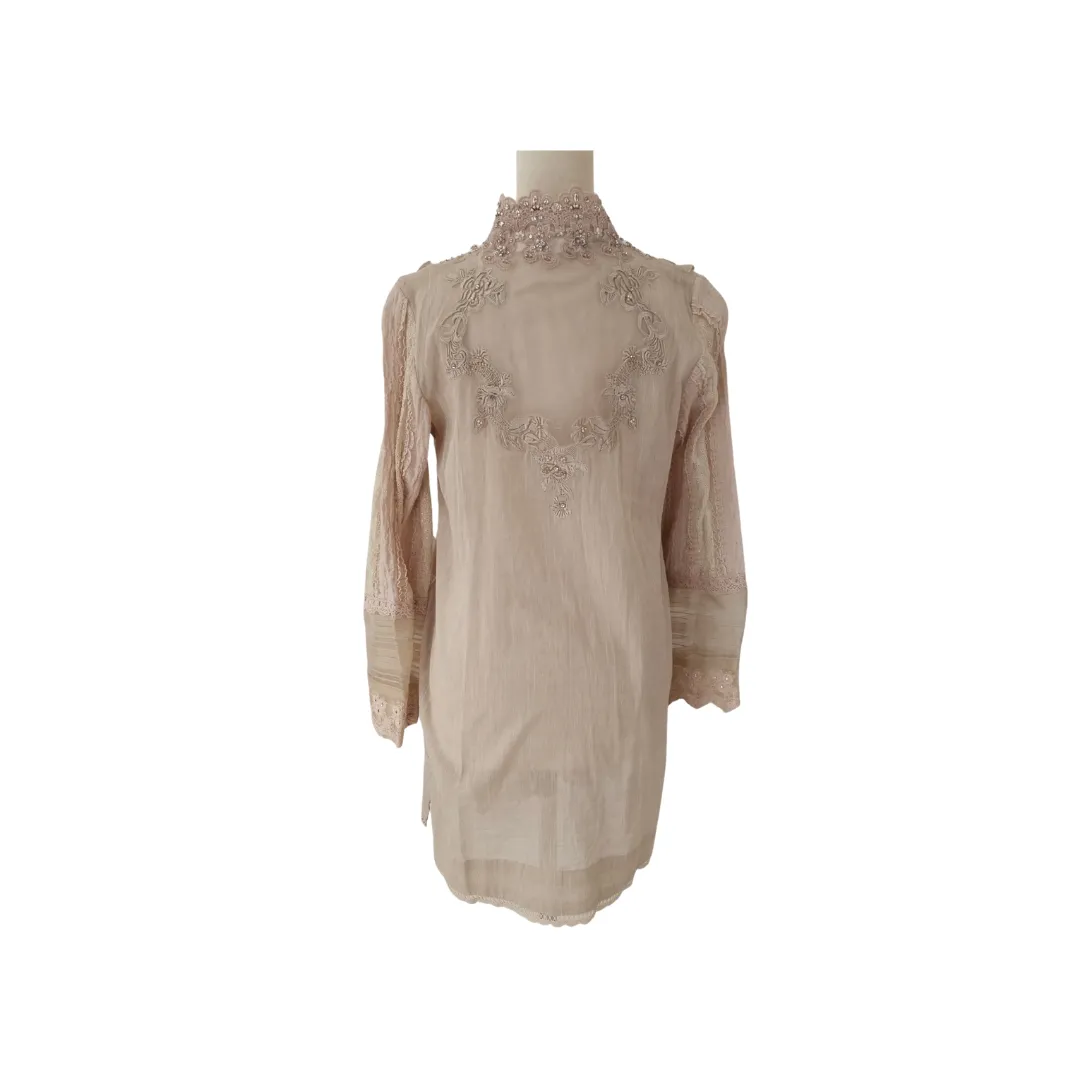 Ammara Khan Beige & Dusty Pink Lace Kameez with Pants | Gently Used |
