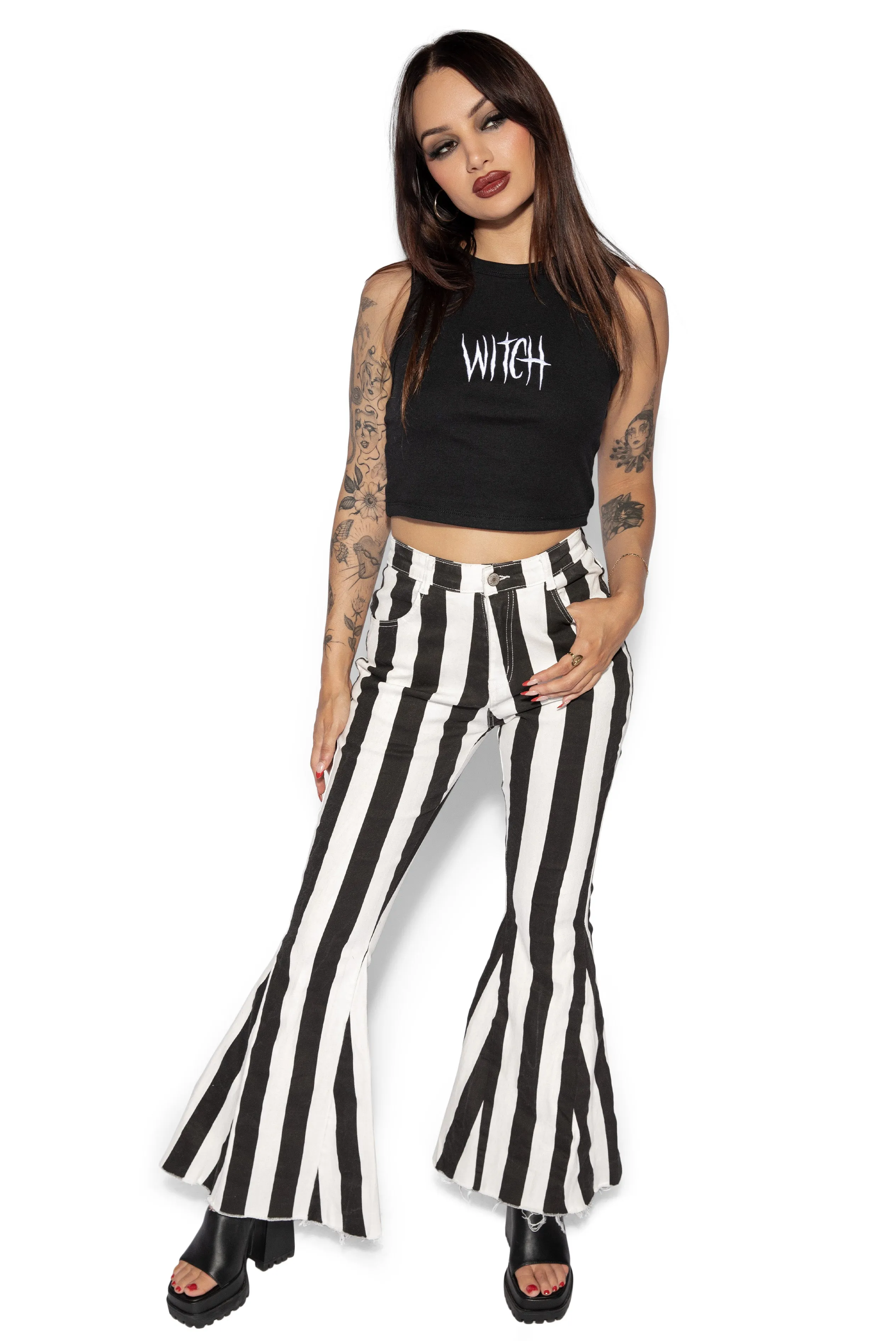 Black Striped Denim Flare Pants