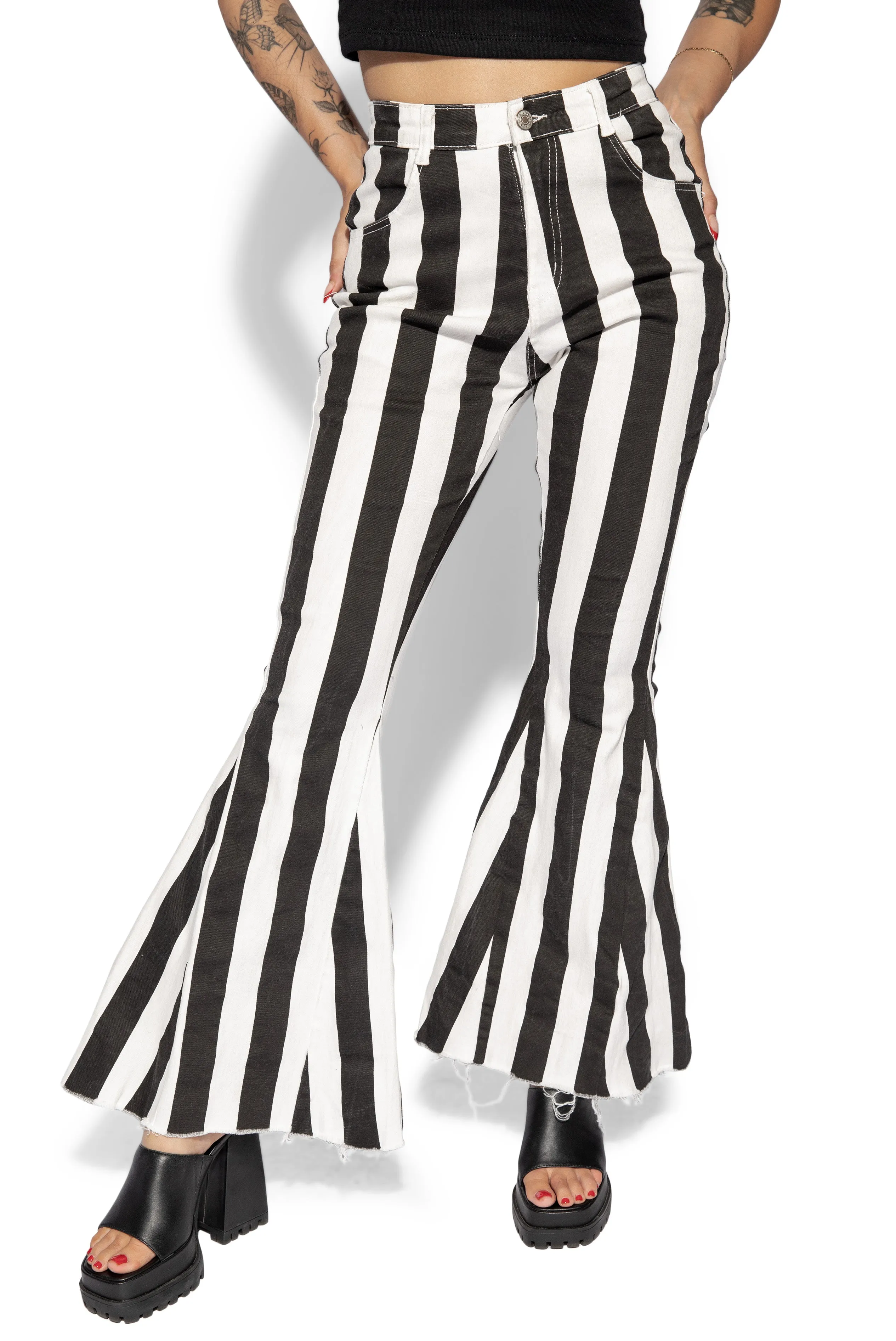Black Striped Denim Flare Pants