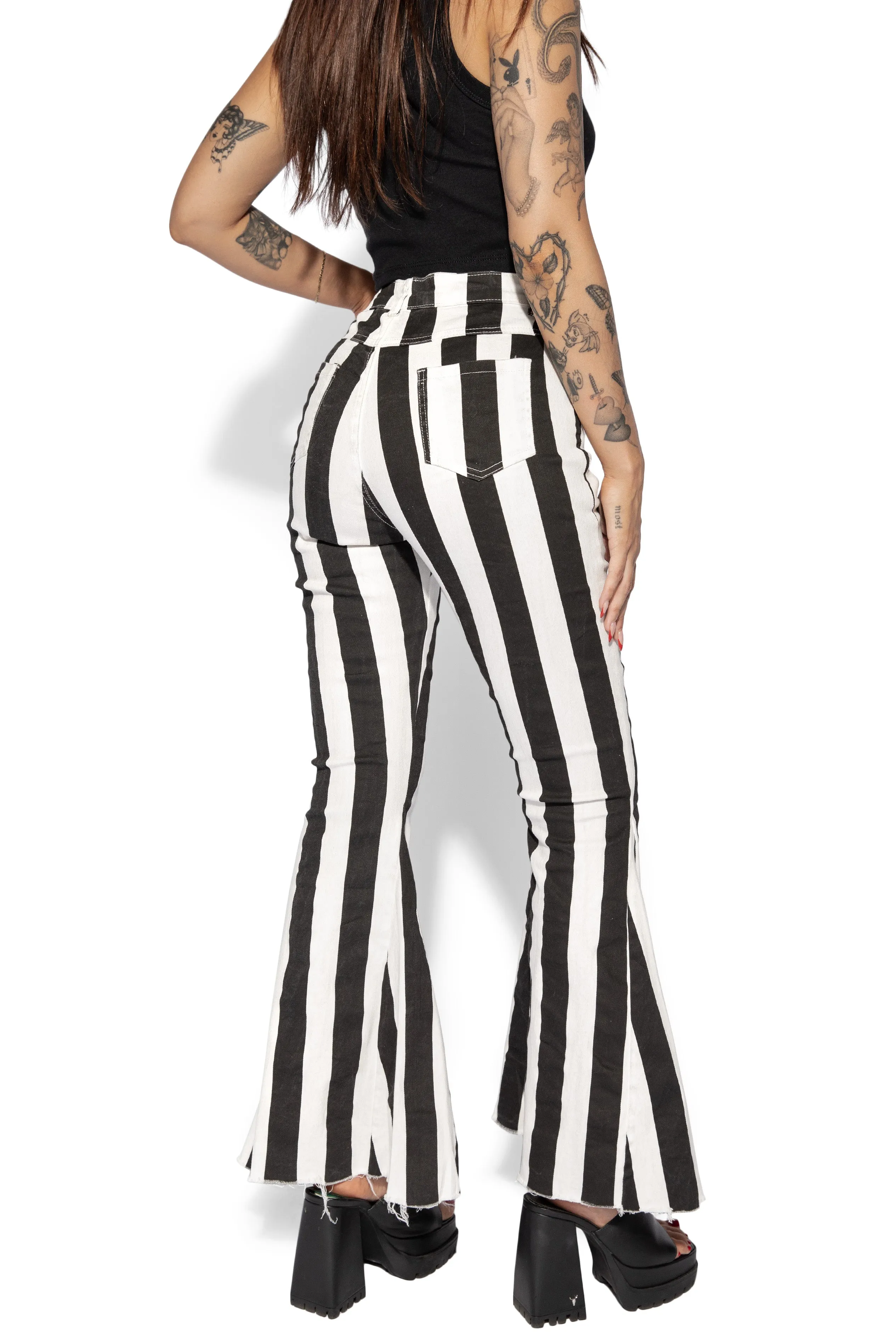 Black Striped Denim Flare Pants