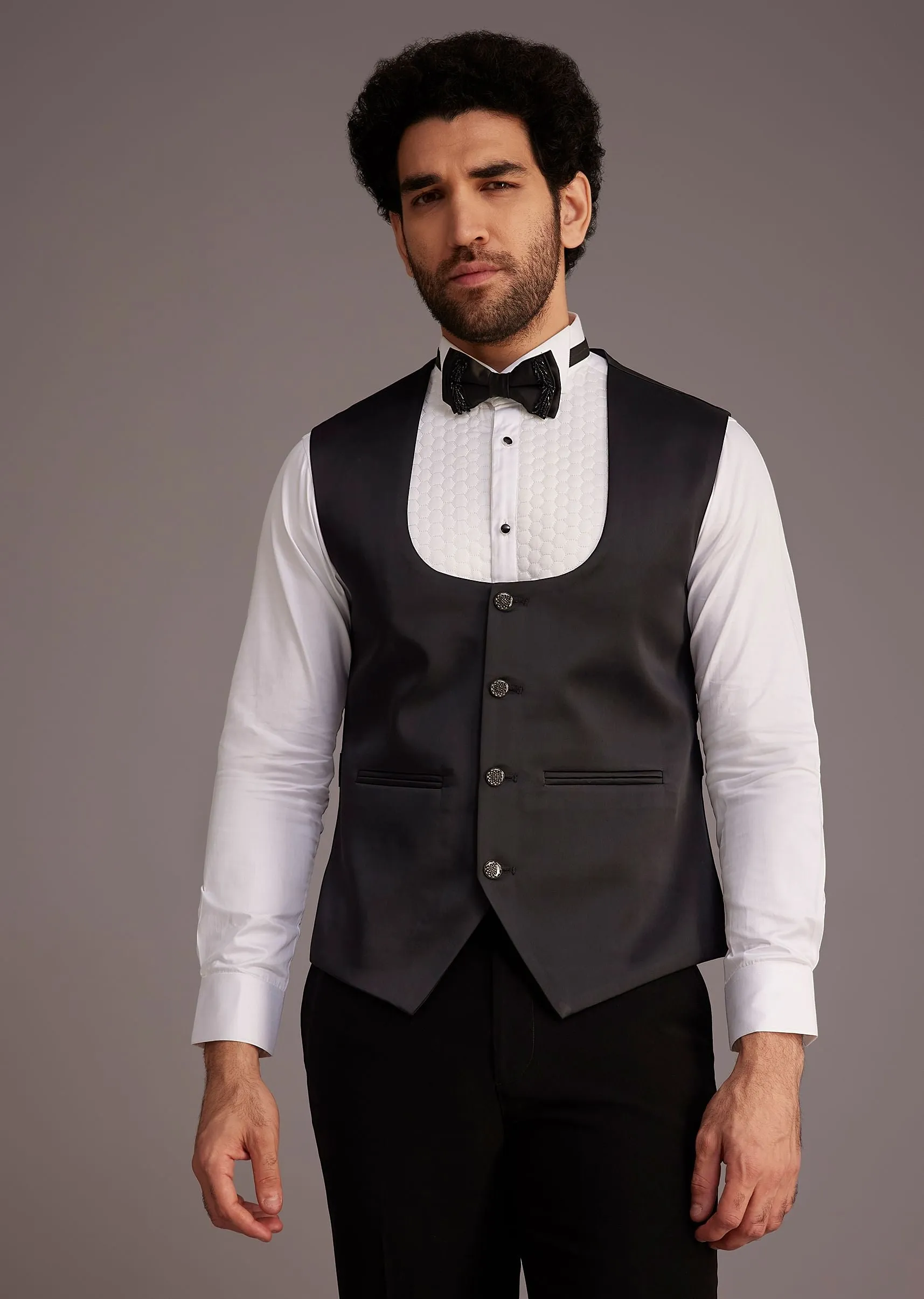 Black Tuxedo With Embellished Jacket And Satin Lapel