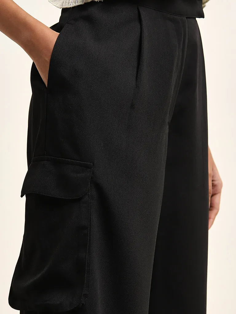 Black High-Rise Cotton Blend Trousers by Bombay Paisley