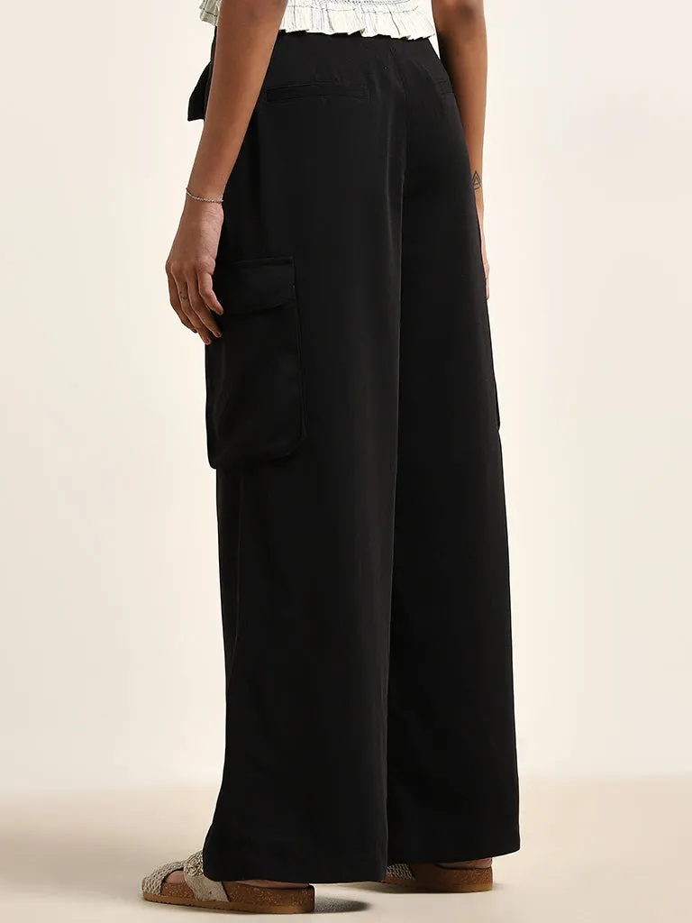 Black High-Rise Cotton Blend Trousers by Bombay Paisley