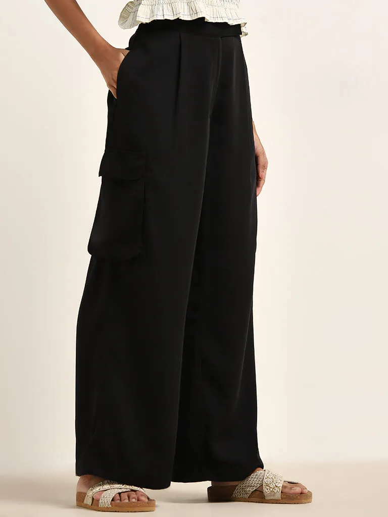Black High-Rise Cotton Blend Trousers by Bombay Paisley