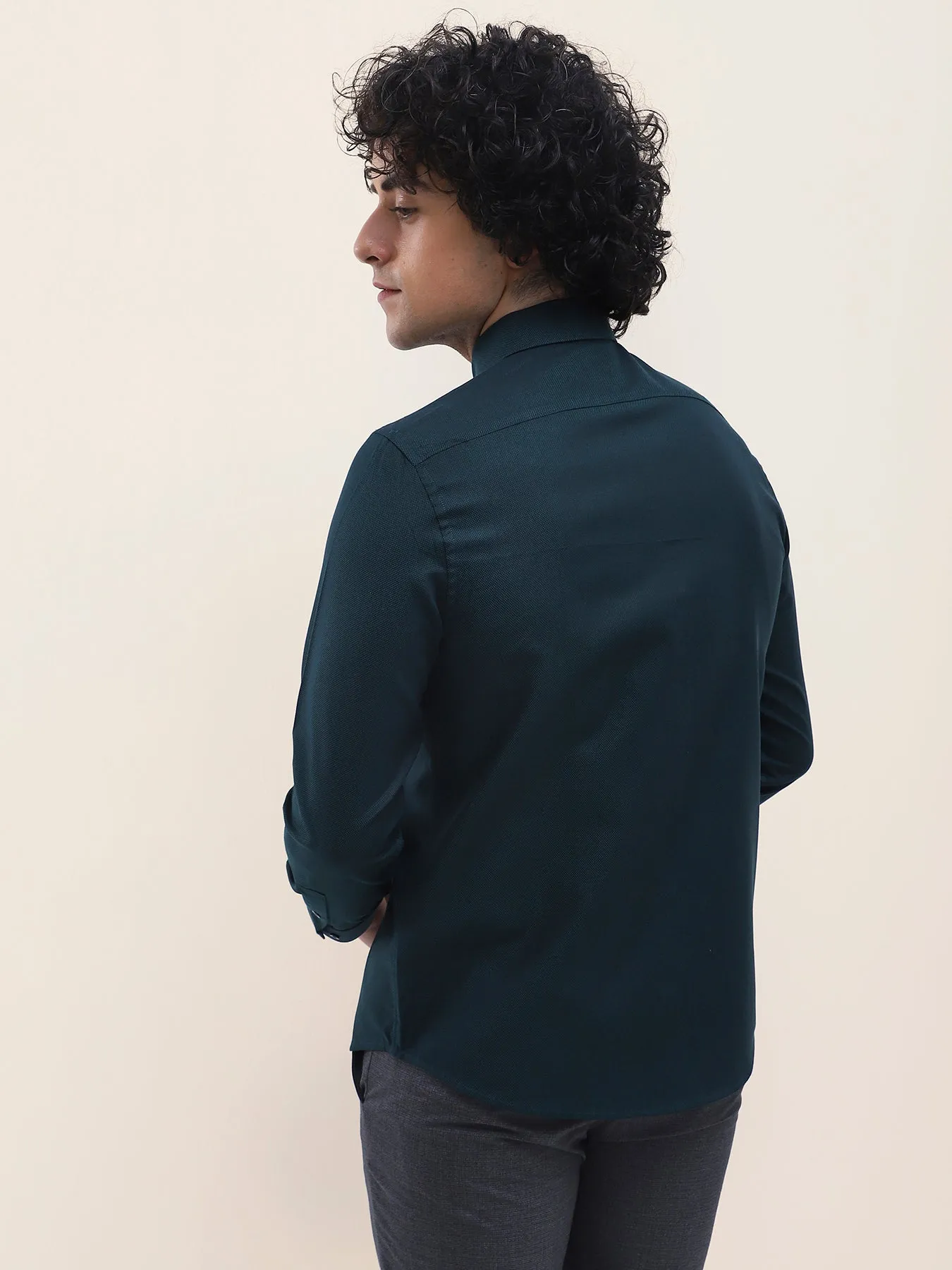 Cotton Dark Green Dobby Full Sleeve Formal Shirt