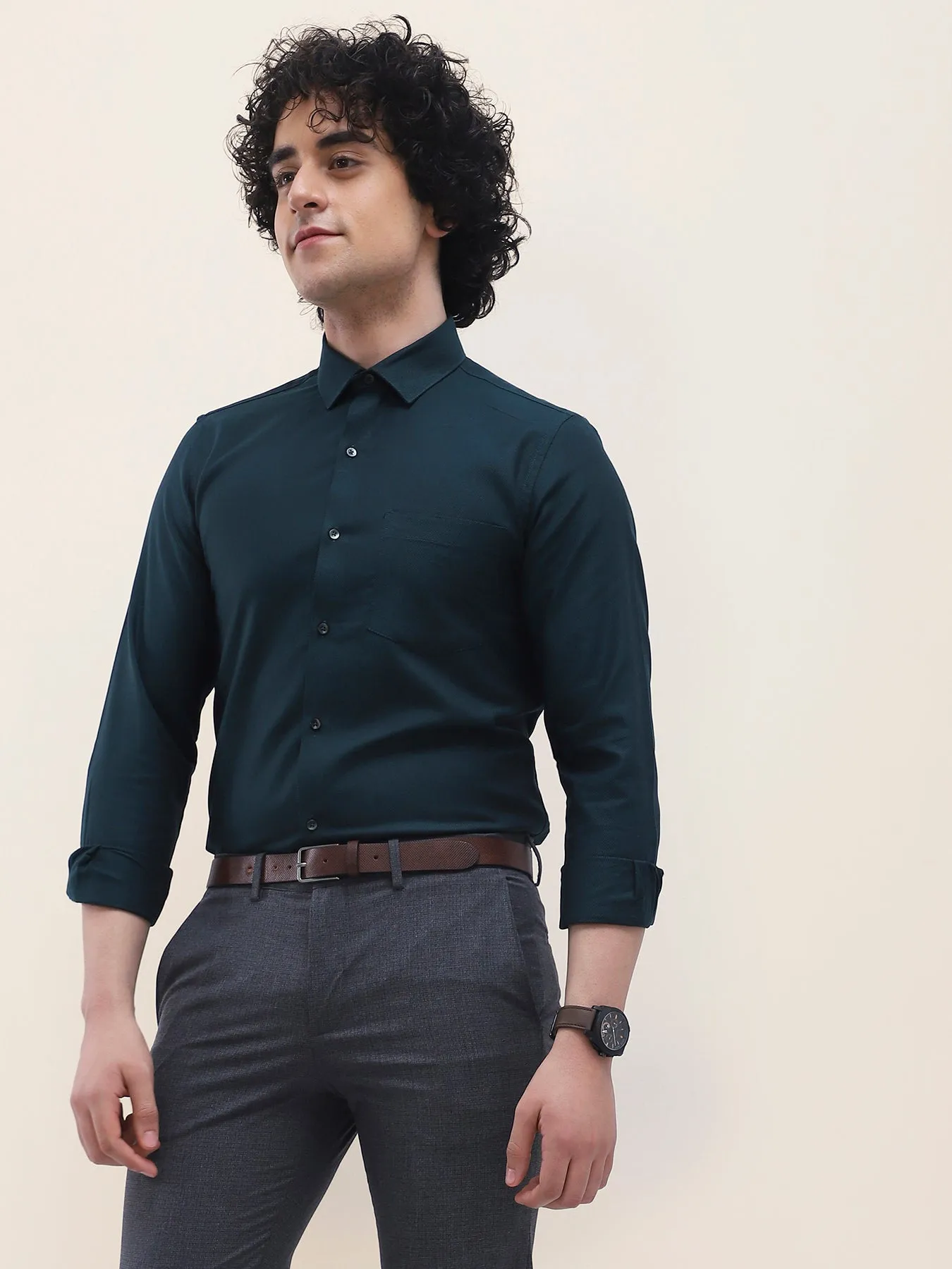 Cotton Dark Green Dobby Full Sleeve Formal Shirt