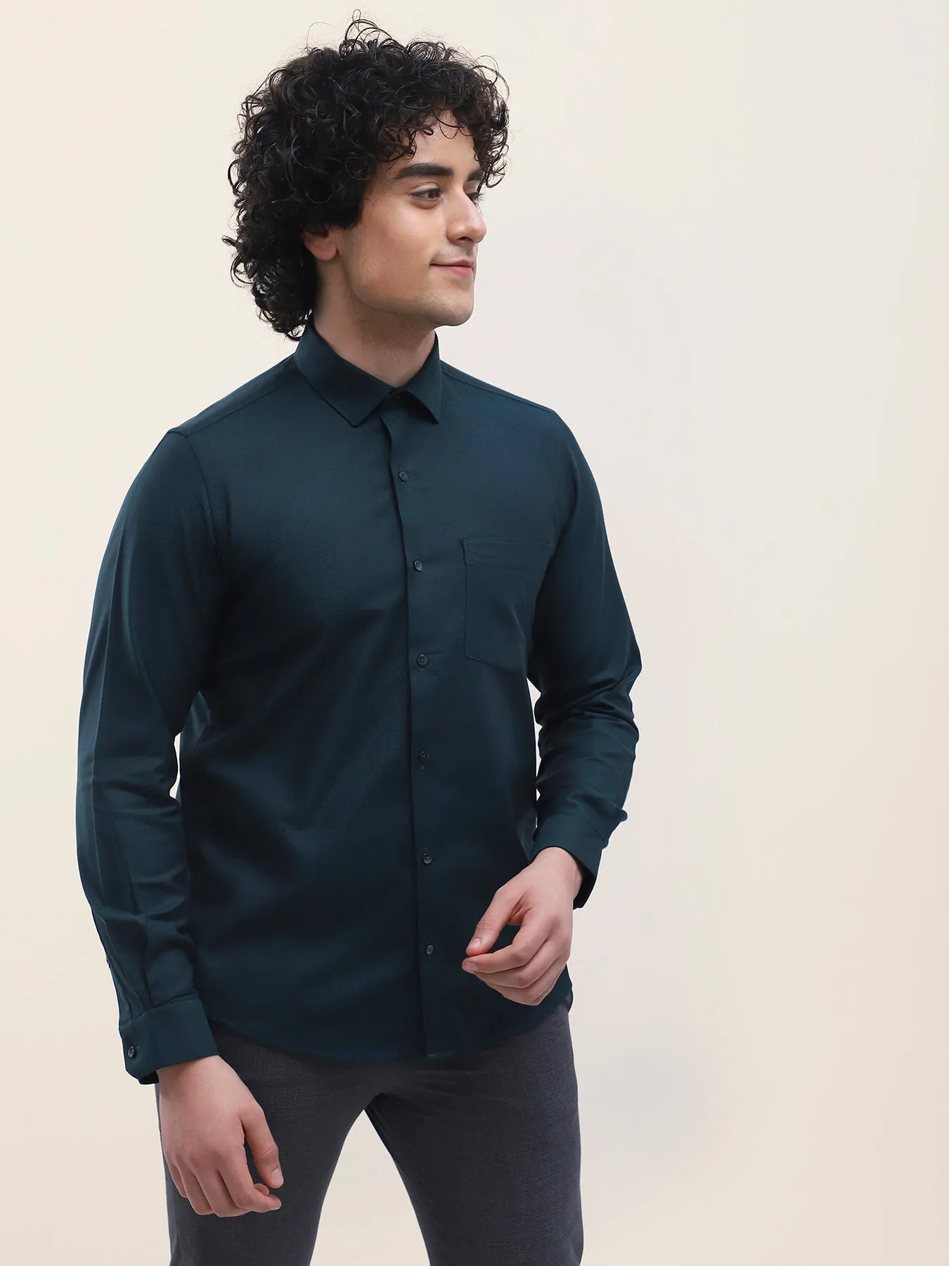 Cotton Dark Green Dobby Full Sleeve Formal Shirt