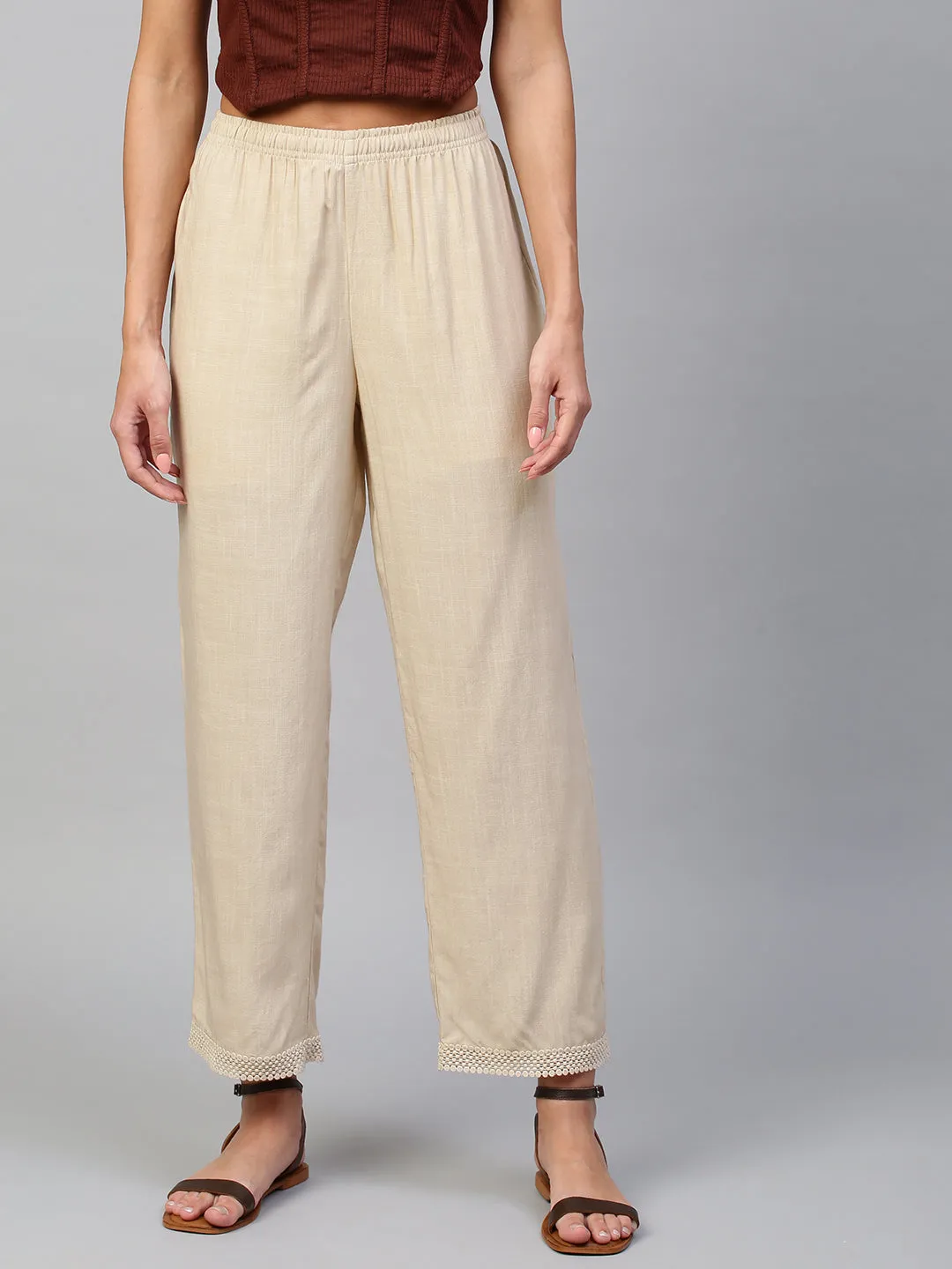 Crosshatch Viscose Wide Leg Trouser W/ Lace Border