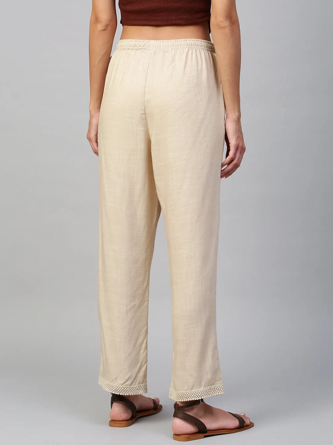 Crosshatch Viscose Wide Leg Trouser W/ Lace Border