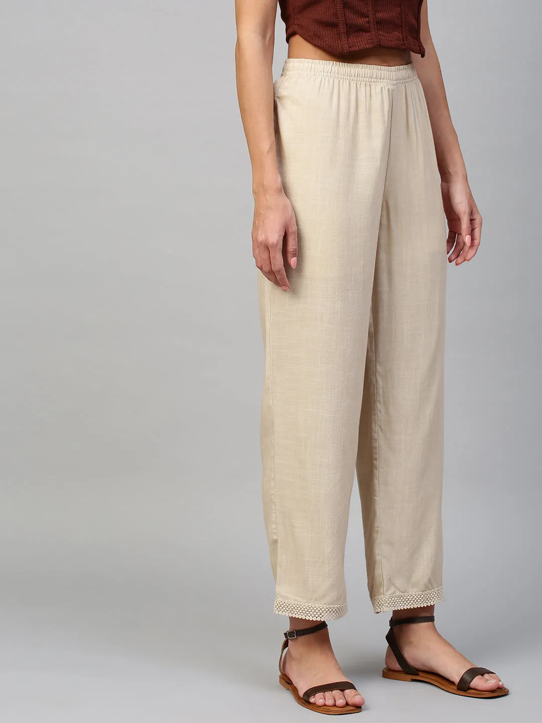 Crosshatch Viscose Wide Leg Trouser W/ Lace Border