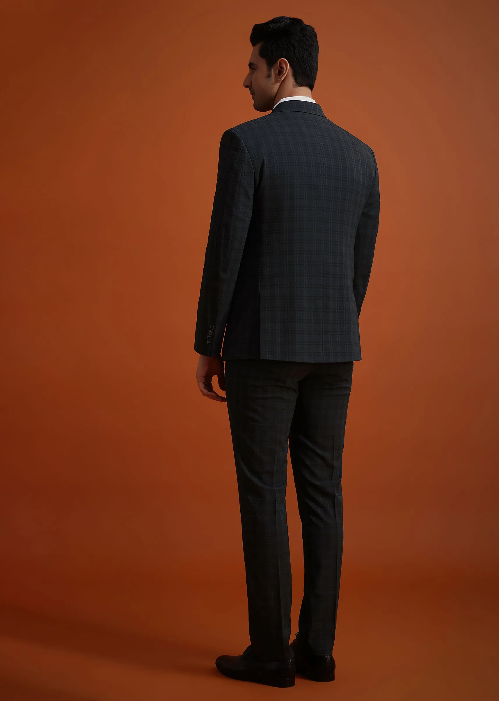 Dark Grey Tuxedo And Pant Set With Checkered Detail