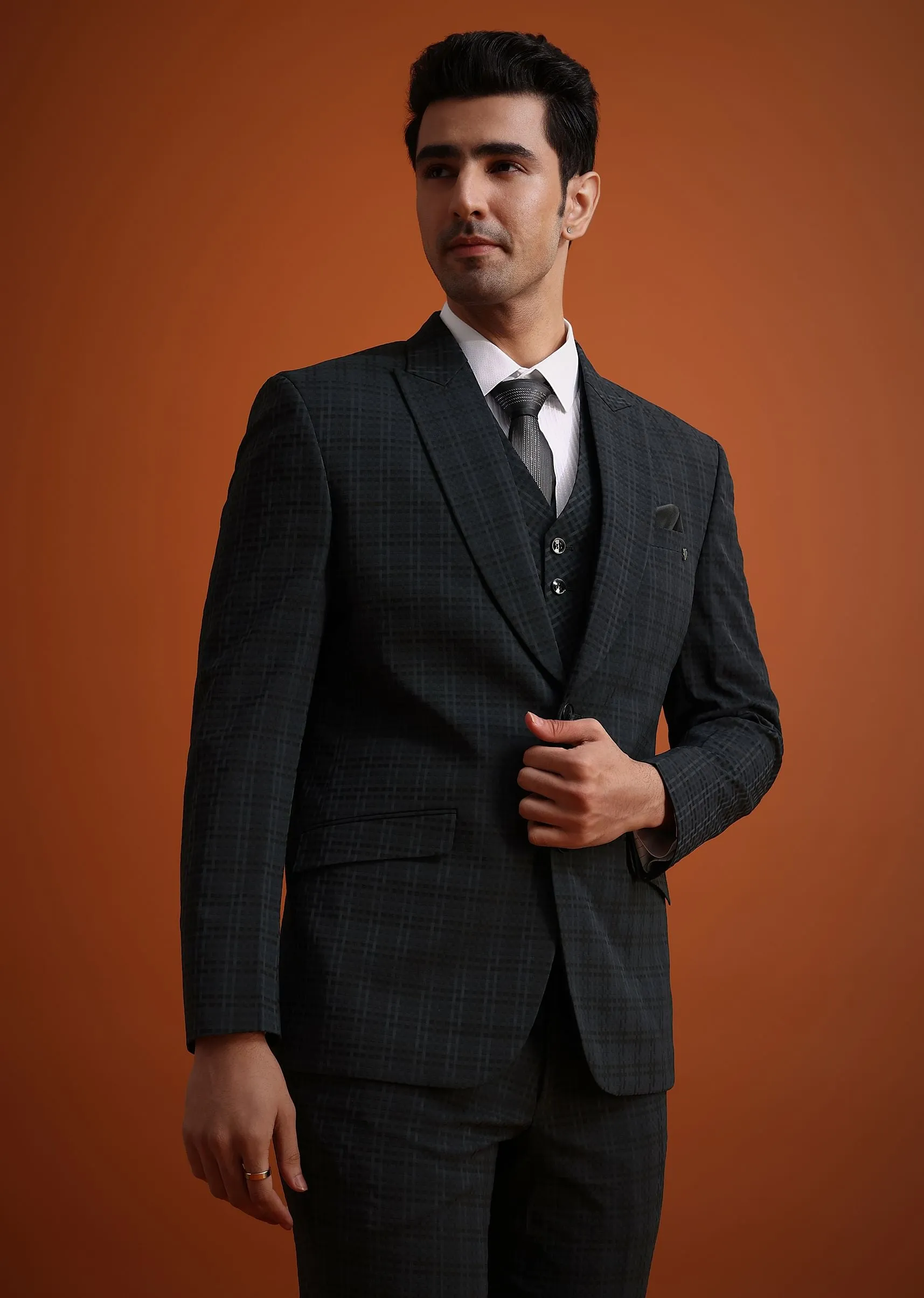 Dark Grey Tuxedo And Pant Set With Checkered Detail
