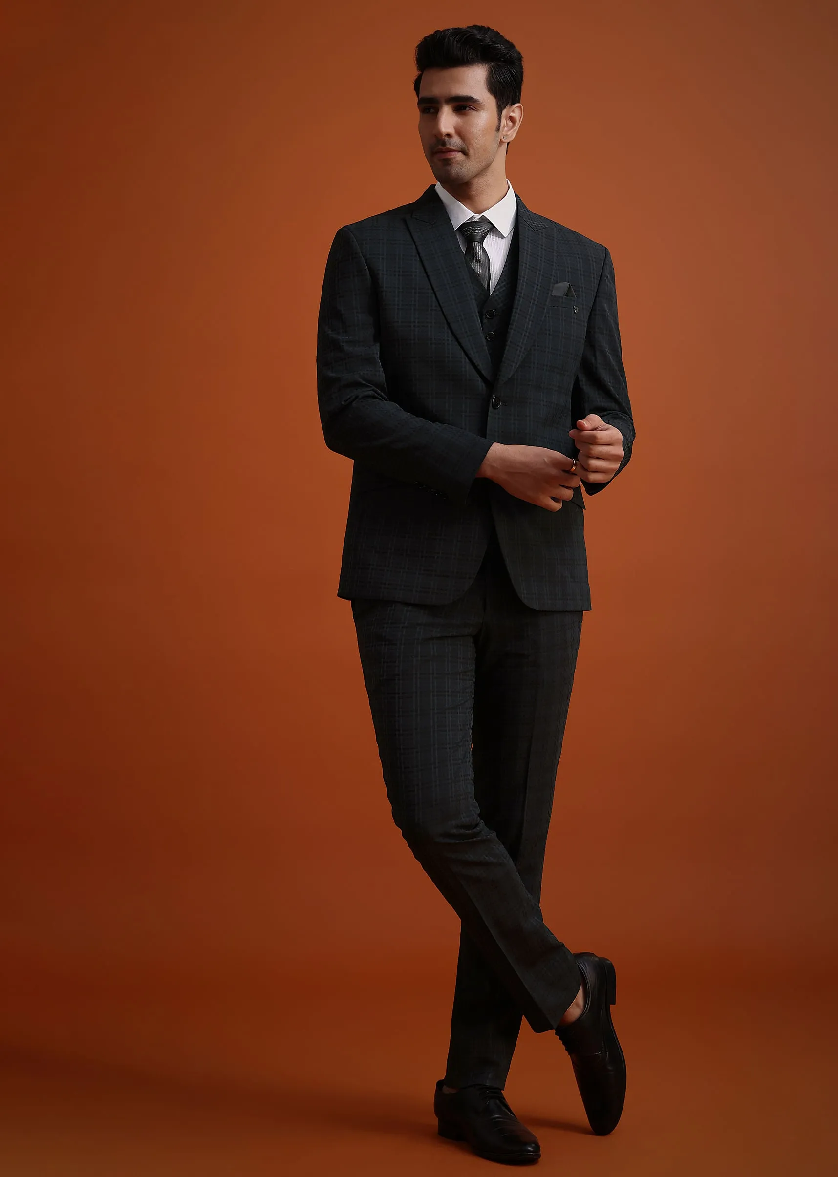 Dark Grey Tuxedo And Pant Set With Checkered Detail