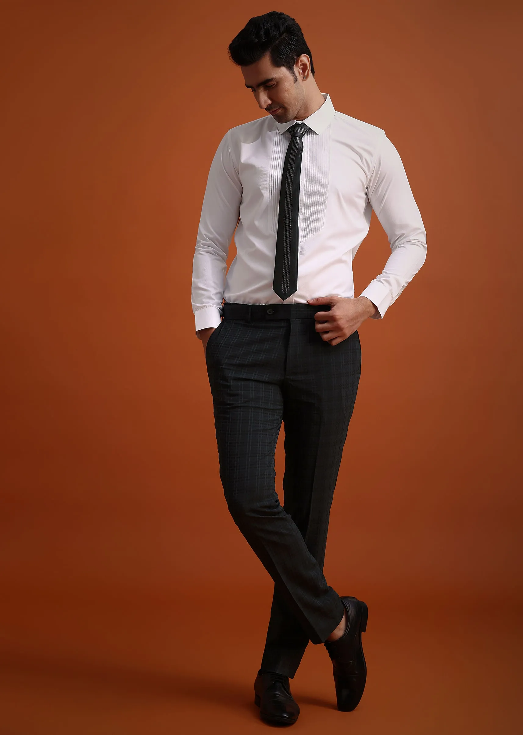 Dark Grey Tuxedo And Pant Set With Checkered Detail