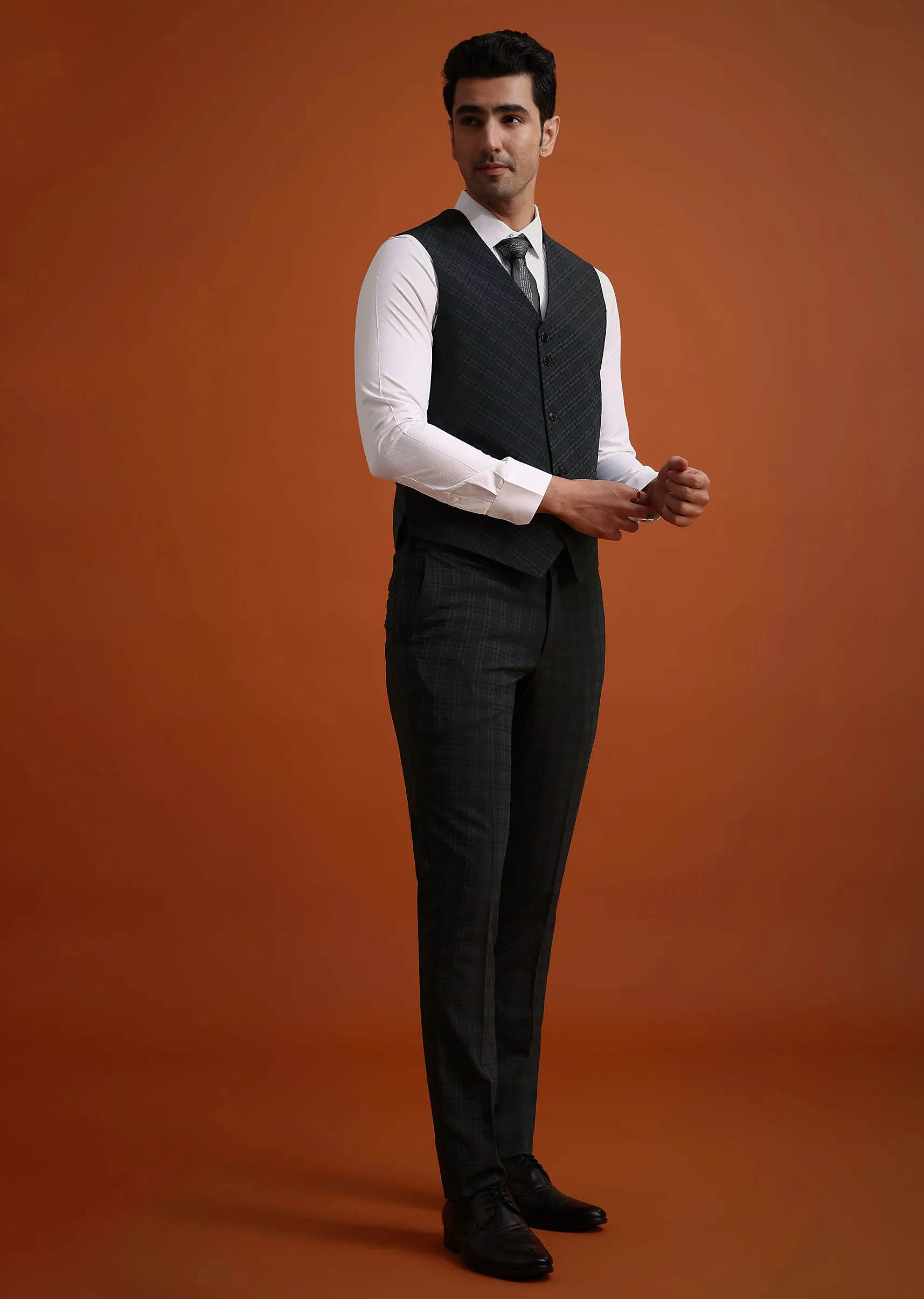 Dark Grey Tuxedo And Pant Set With Checkered Detail