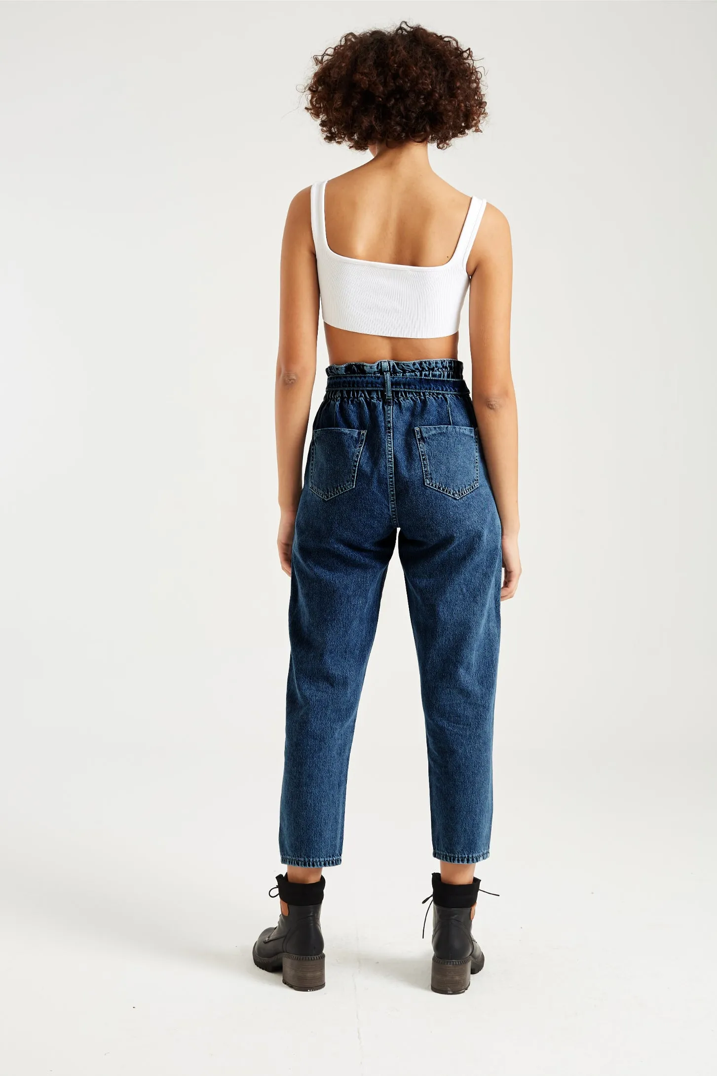 NAVY BELTED PAPERBAG JEANS