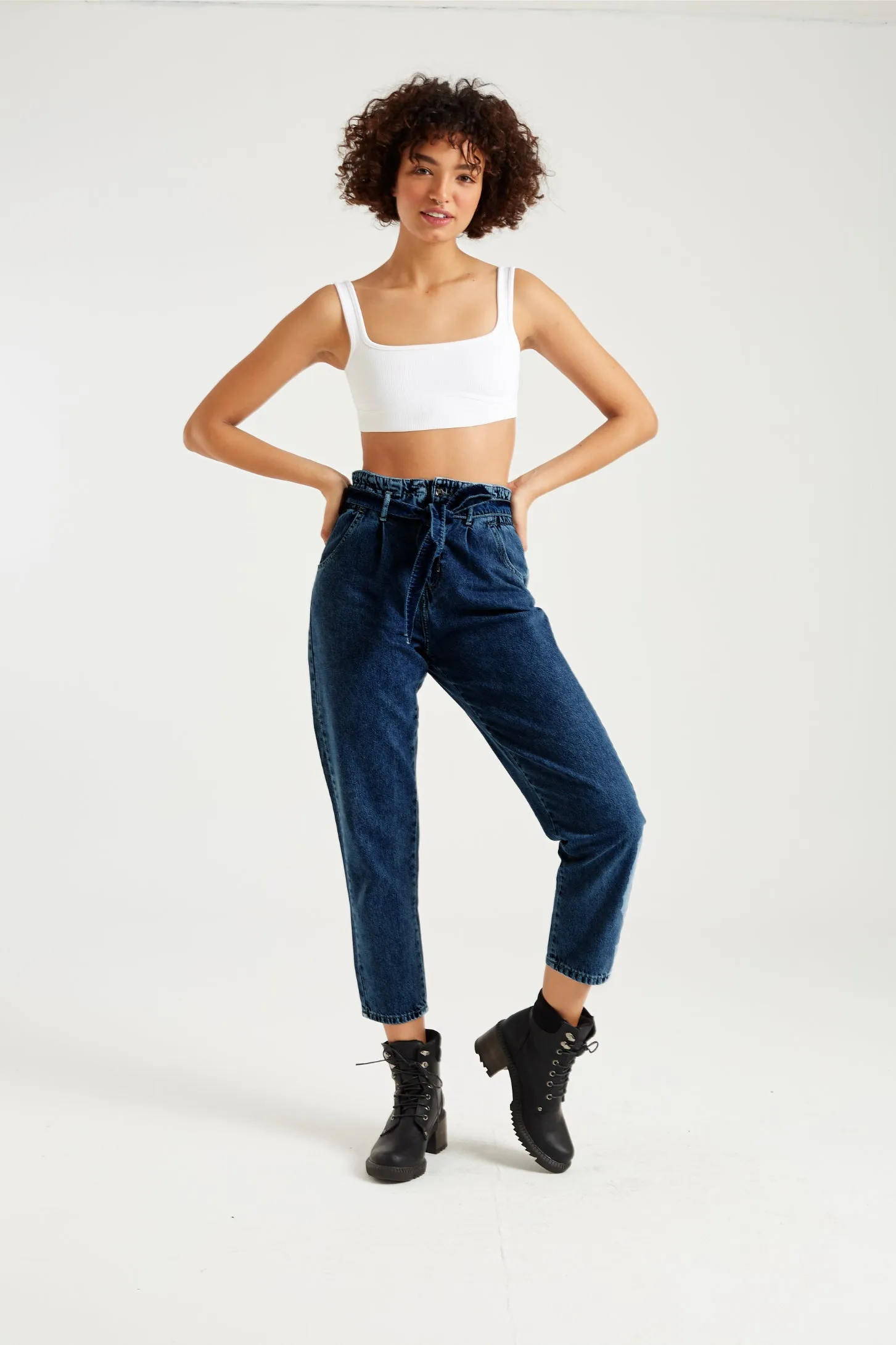 NAVY BELTED PAPERBAG JEANS
