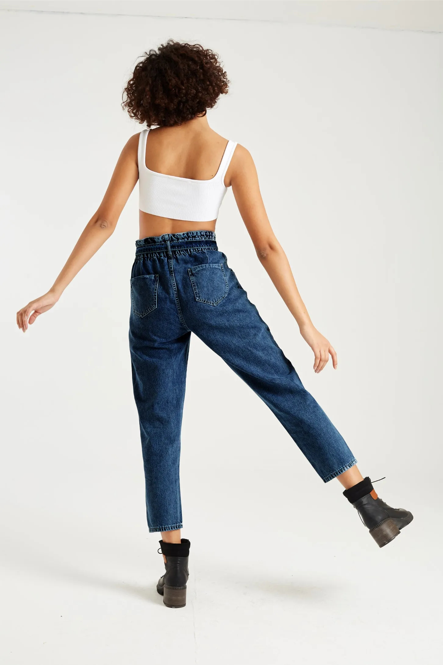 NAVY BELTED PAPERBAG JEANS