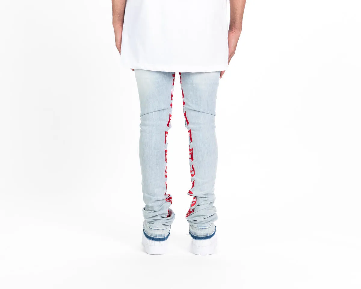 Pheelings AGAINST ALL ODDS FLARE STACK DENIM (LIGHT BLUE/RED)