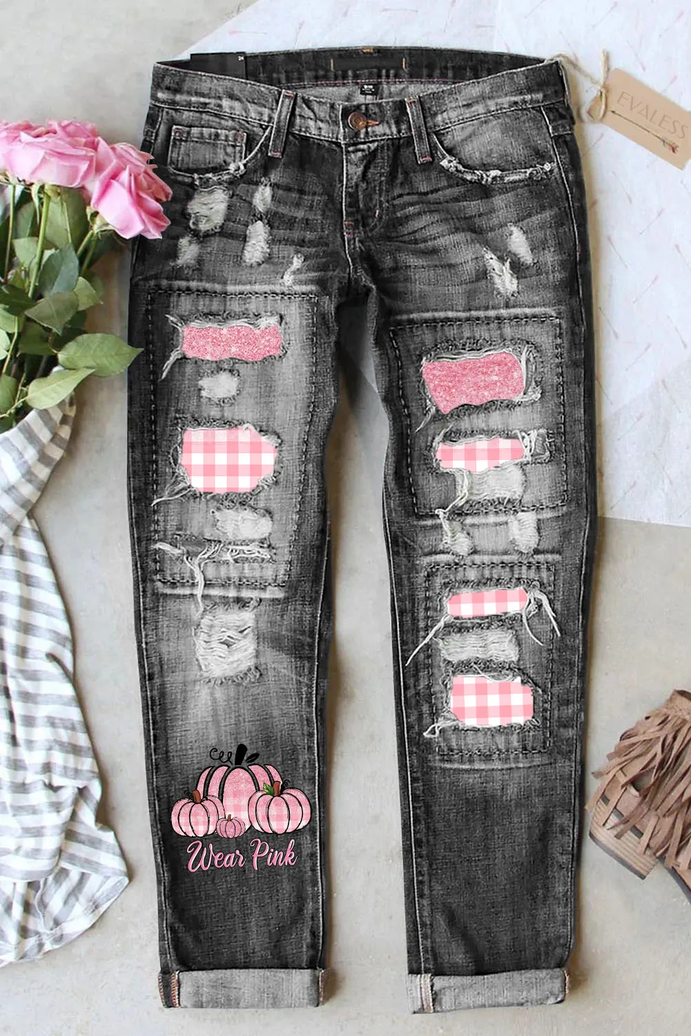 Pumpkin Pink Plaid Shift Casual Ripped Jeans for Women