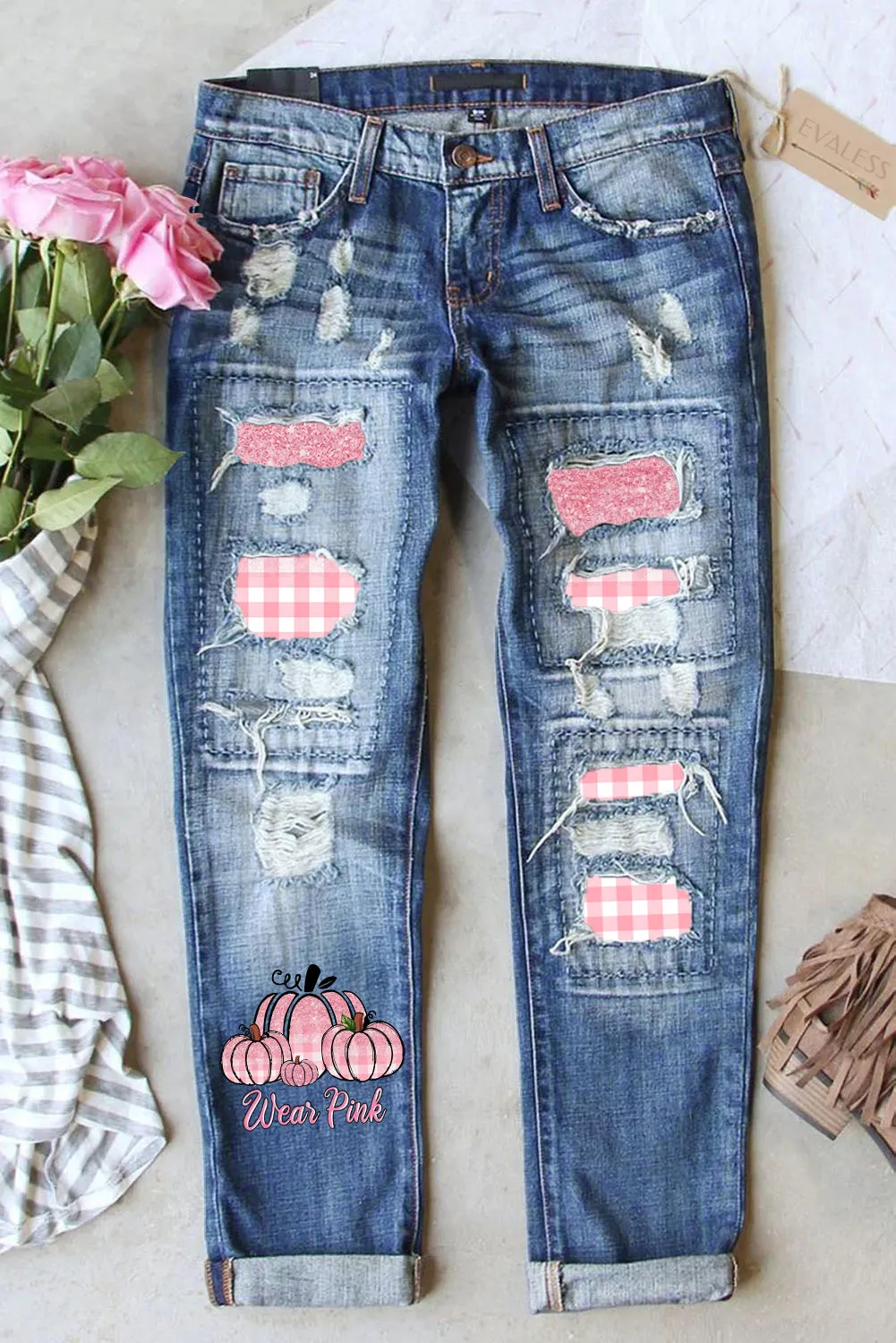 Pumpkin Pink Plaid Shift Casual Ripped Jeans for Women