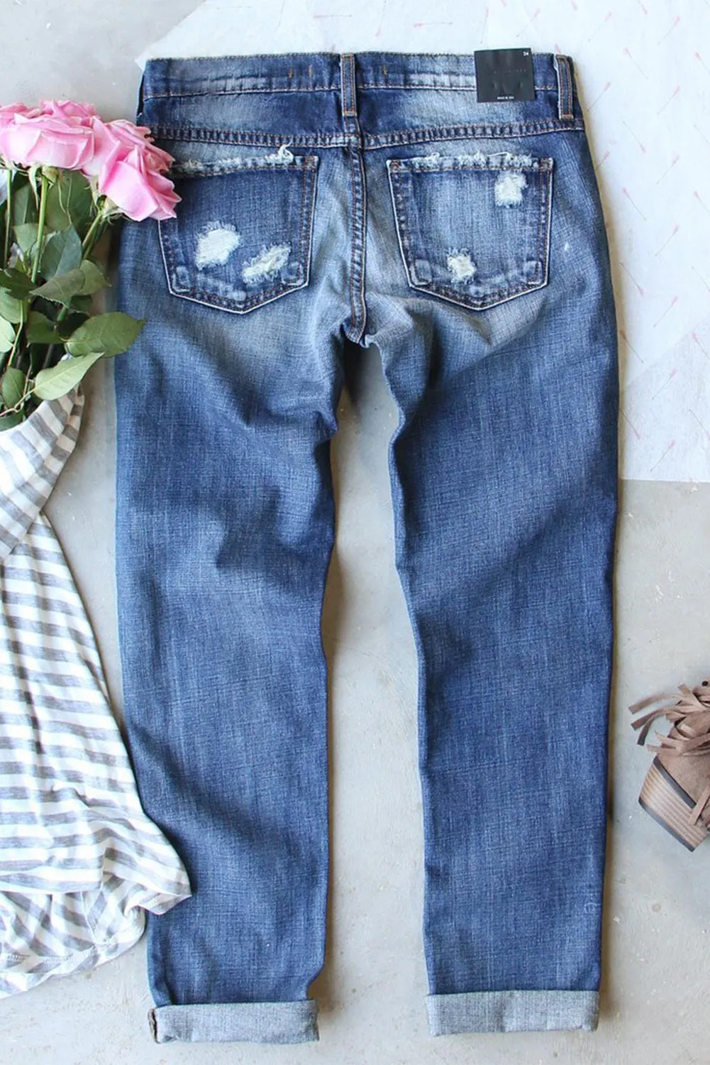 Pumpkin Pink Plaid Shift Casual Ripped Jeans for Women