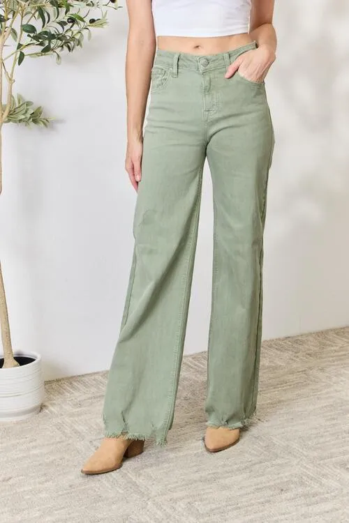 RISEN Raw Hem Wide-Leg Jeans in Sage