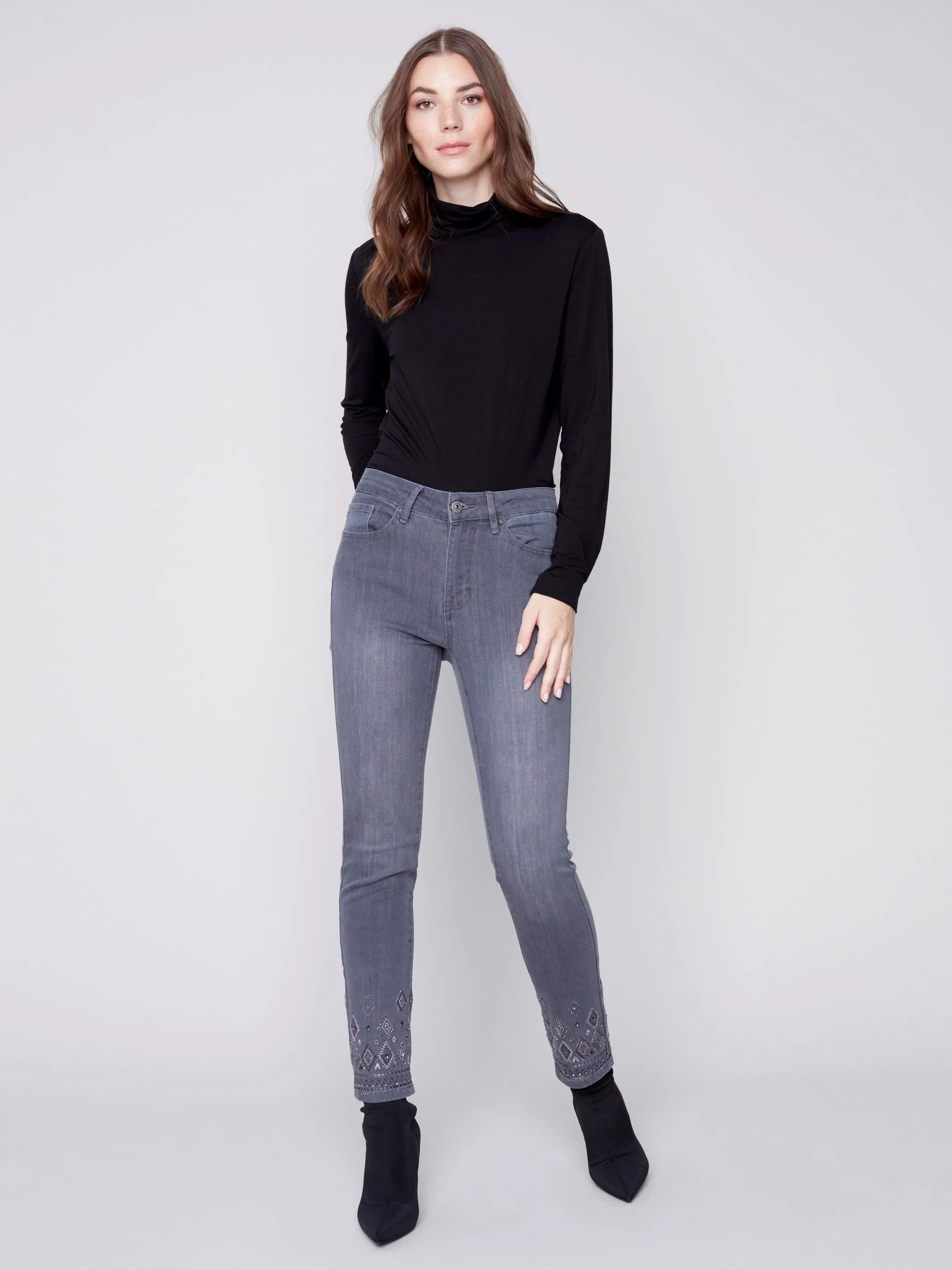 Slim Leg Jeans with Geometric Embroidery - Medium Grey