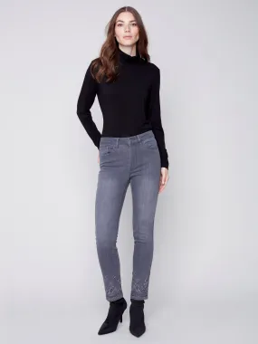 Slim Leg Jeans with Geometric Embroidery - Medium Grey