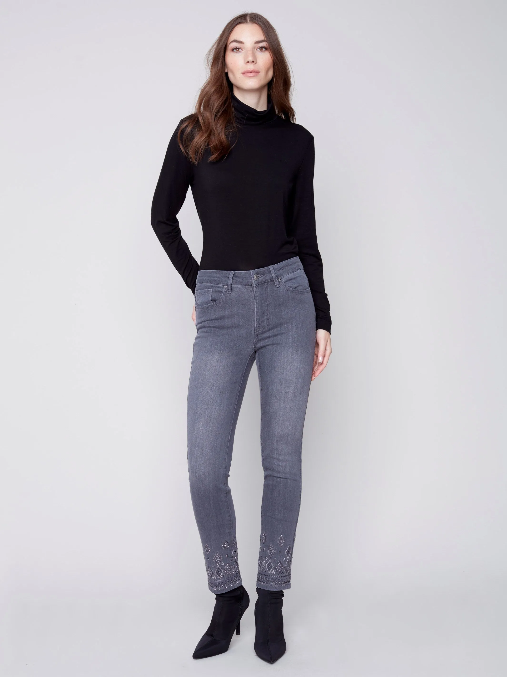 Slim Leg Jeans with Geometric Embroidery - Medium Grey