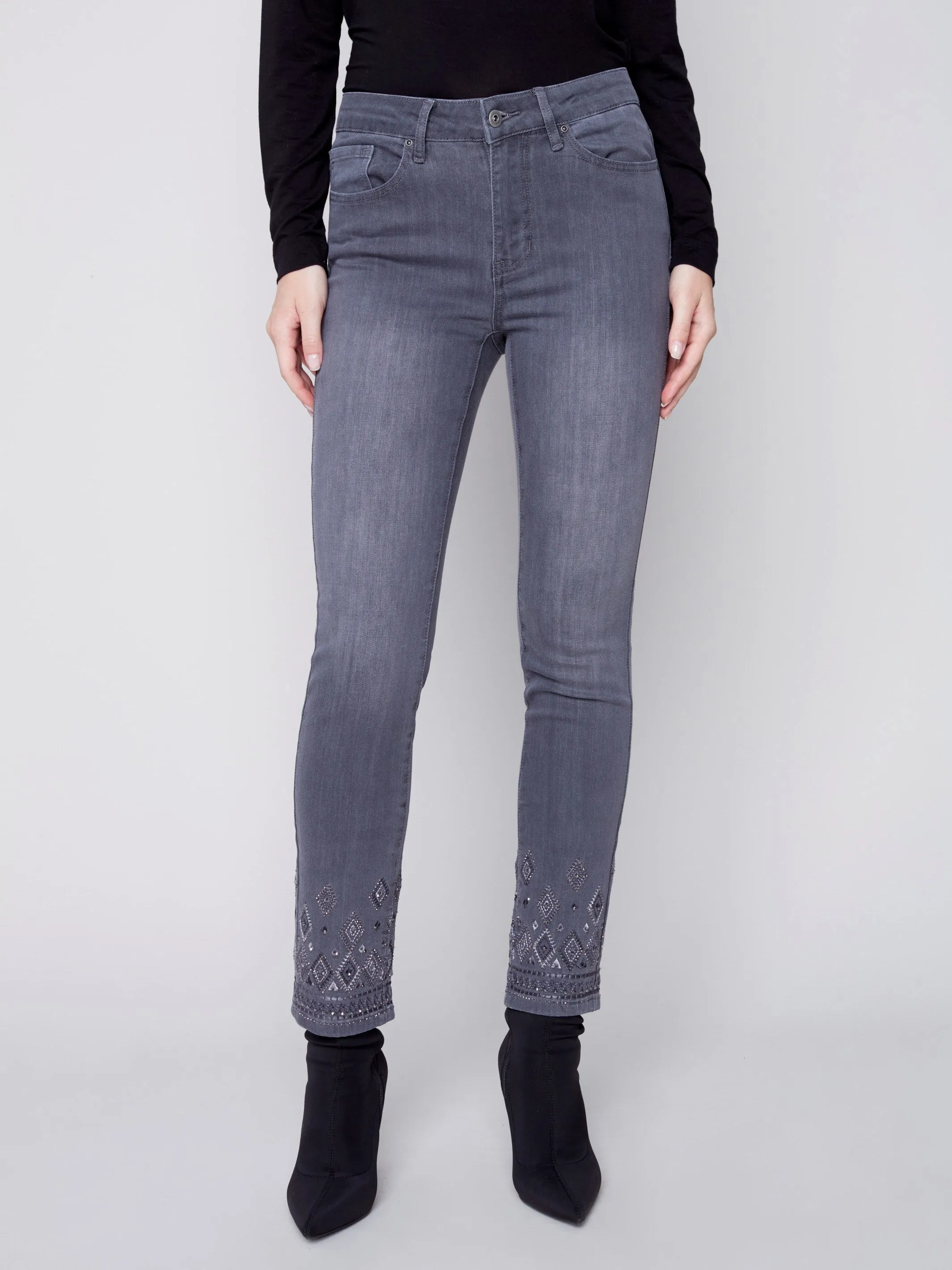 Slim Leg Jeans with Geometric Embroidery - Medium Grey