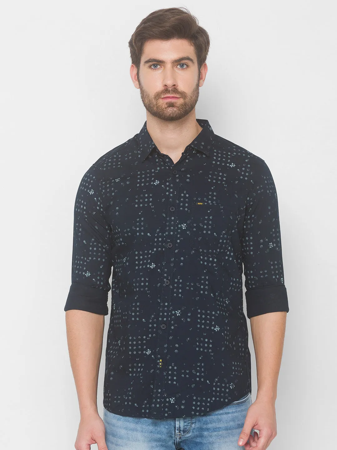 Spykar Slim Fit Men Navy Blue Cotton Shirts (Uniqlo)