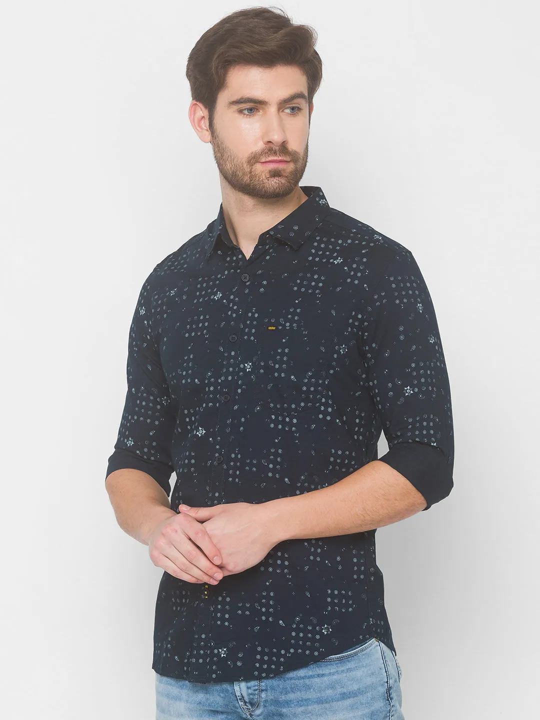 Spykar Slim Fit Men Navy Blue Cotton Shirts (Uniqlo)