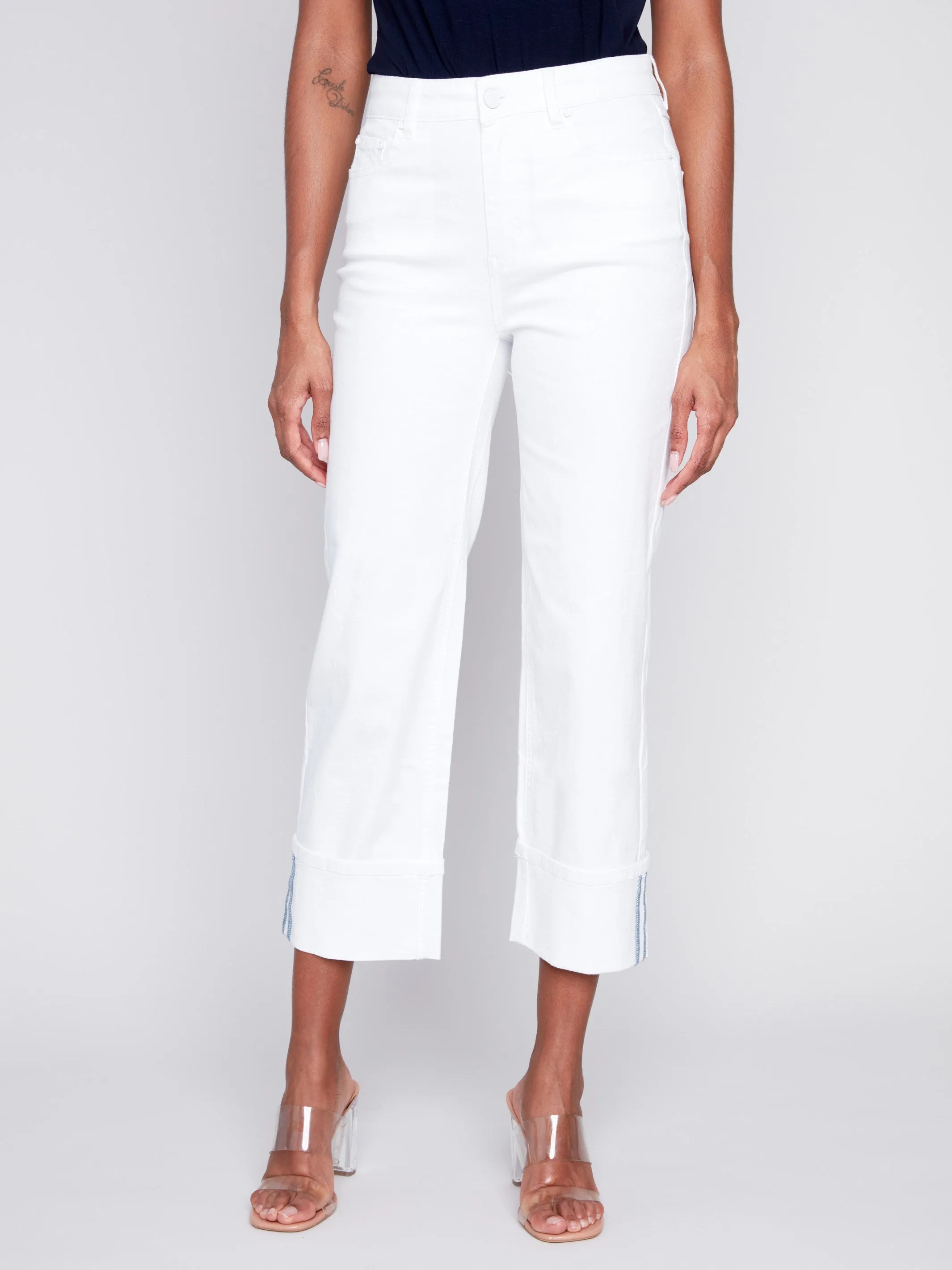 Straight Leg Jeans with Folded Cuff - White
