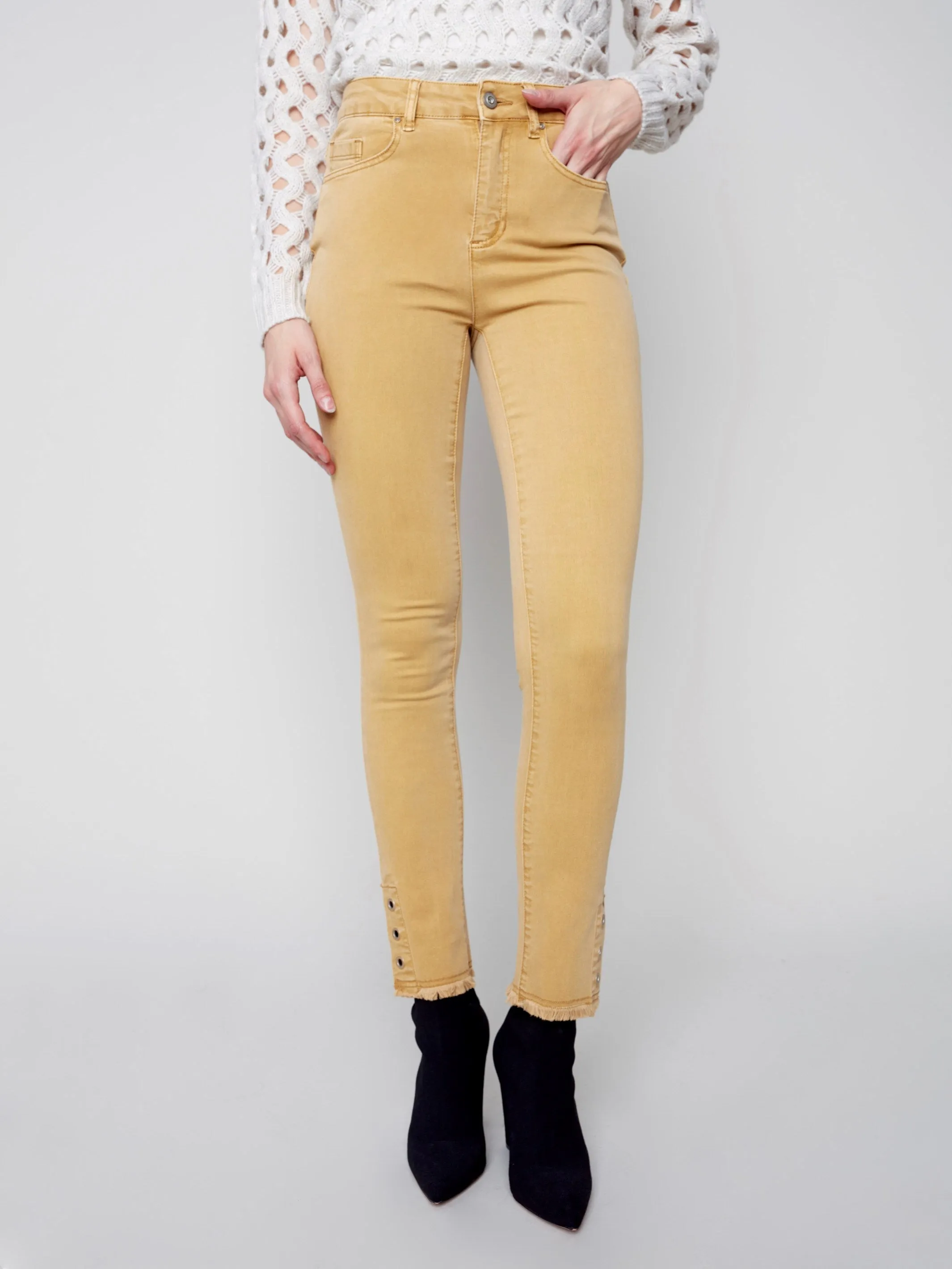 Twill Jeans with Eyelet Hem Detail - Gold