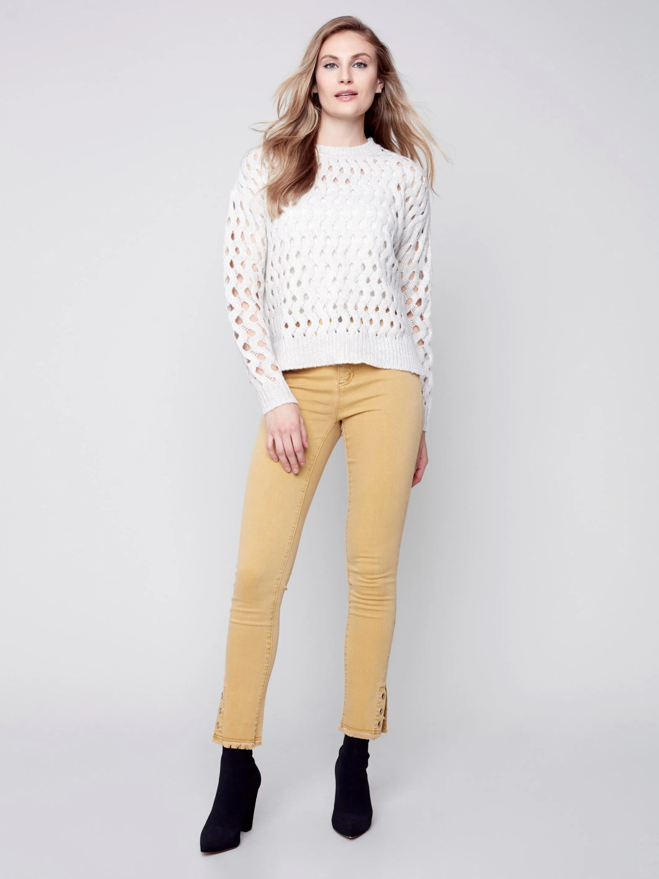 Twill Jeans with Eyelet Hem Detail - Gold