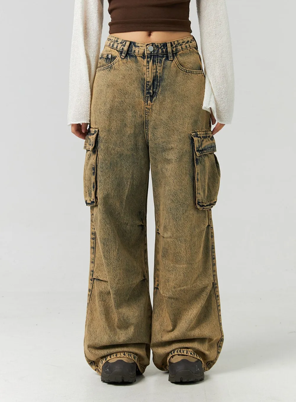 Vintage Wash Cargo Wide Jeans CO323