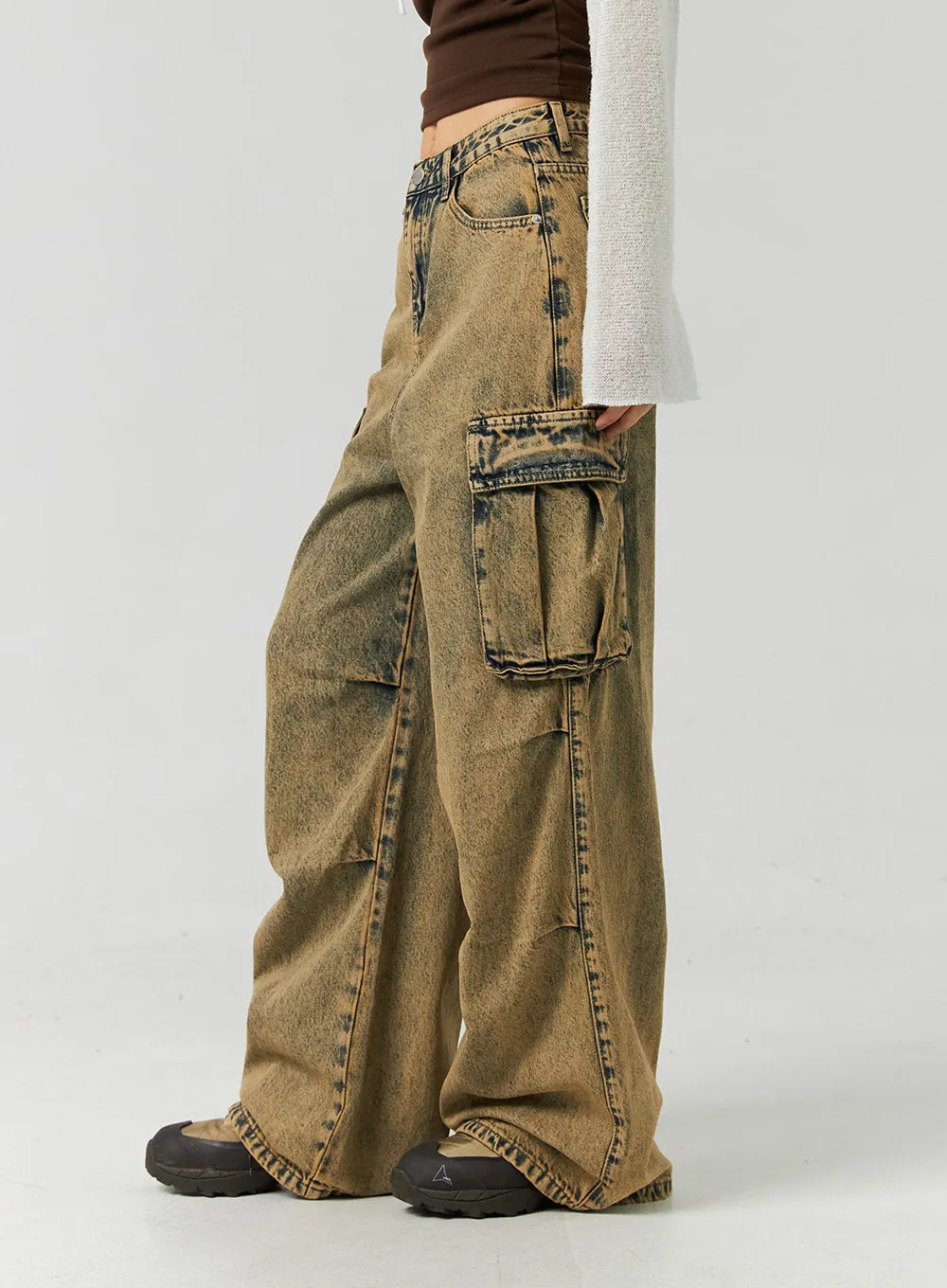 Vintage Wash Cargo Wide Jeans CO323